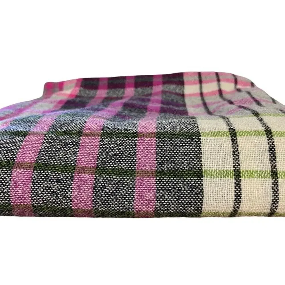 Talbots Womens Gray Pink Green Plaid Wool Fringe Scarf Wrap Warm Winter 54x58